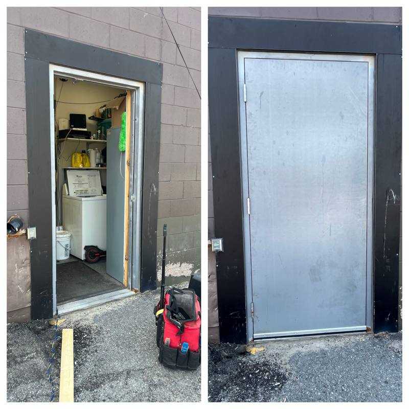 Before and after of an Ottawa commercial entrance: an empty rough opening on the left and a new custom steel architectural door hung and sealed on the right
