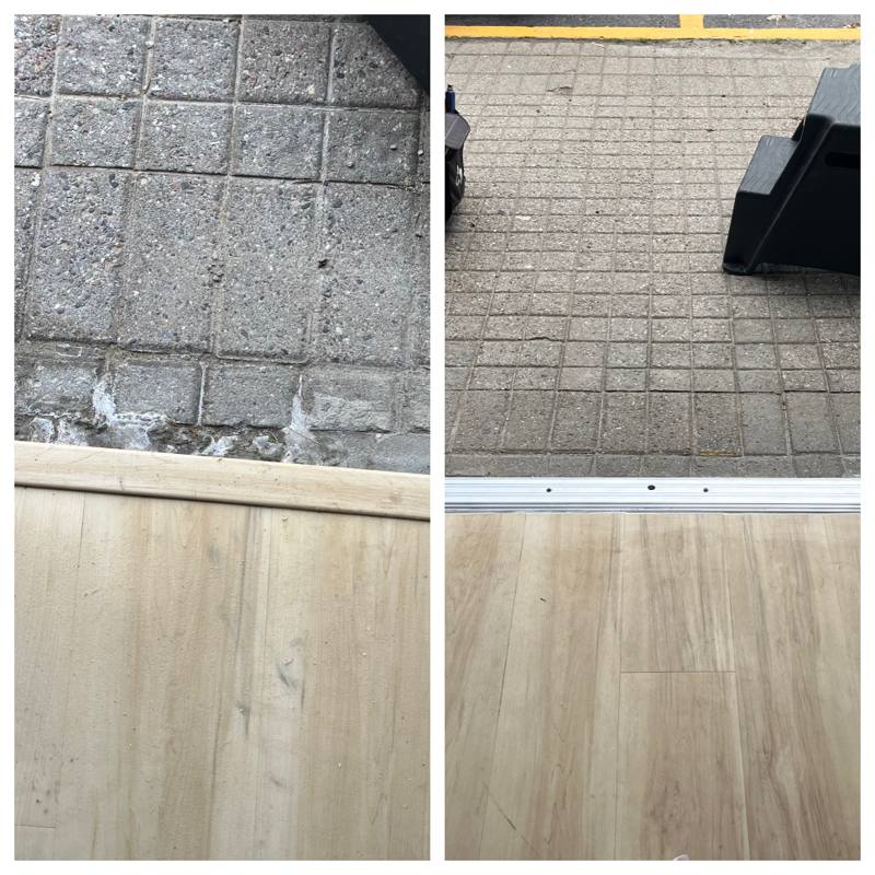 Before and after of an Ottawa commercial entrance threshold: a worn, gapped sill on the left and a new level aluminum commercial threshold sealing the opening on the right