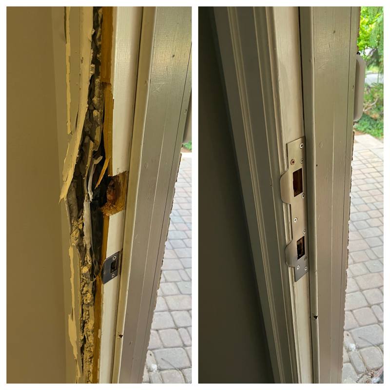 Before and after of an Ottawa exterior door jamb: a crushed, split frame around the latch on the left and a rebuilt jamb with a full-length steel security strike on the right