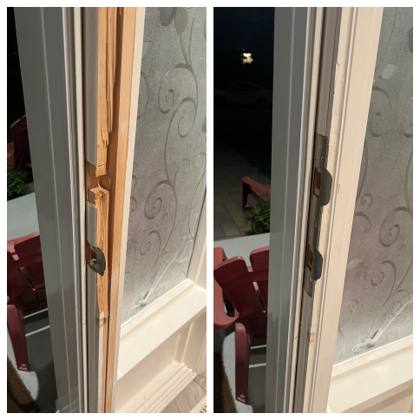 Before and after of an Ottawa exterior door break-in repair with reinforced security strike plates and long anchoring screws