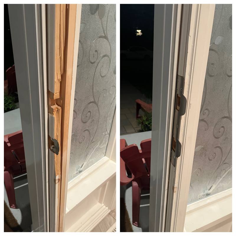 Before and after of an Ottawa patio-style entry door forced open at night: a shattered jamb around the lock on the left and reinforced security strike plates with long anchoring screws on the right