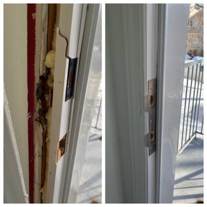Before and after of an Ottawa exterior door after a break-in, a shattered jamb rebuilt and reinforced with steel strike plates