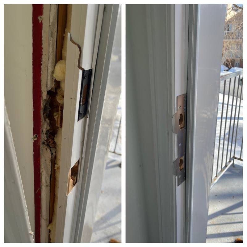 Before and after of an Ottawa exterior door after a break-in: a shattered jamb with a blown-out strike and exposed insulation on the left, and reinforced steel strike plates installed on the right