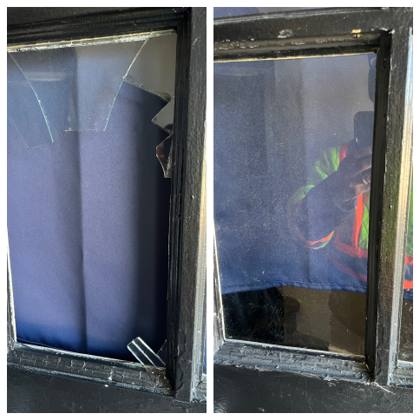 Before and after of an Ottawa exterior door glass panel, a shattered pane replaced with a new clear tempered safety pane