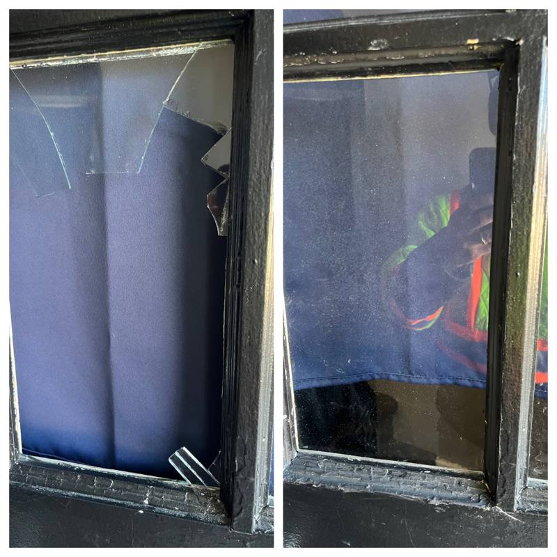Before and after of an Ottawa exterior door glass panel: a shattered pane with jagged glass on the left and a new clear tempered safety pane set square in the frame on the right