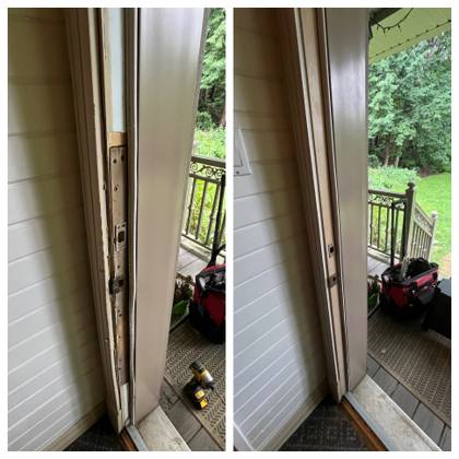 Before and after of an Ottawa exterior door jamb repair with fresh weather stripping
