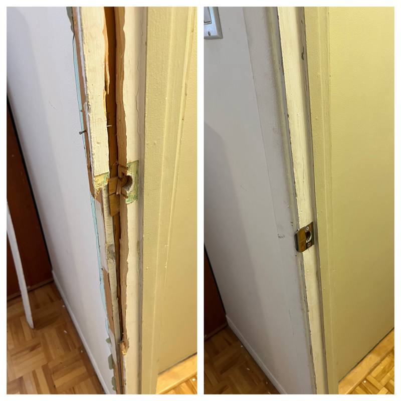 Before and after of an Ottawa bedroom door jamb: a kicked-in, splintered frame with a loose strike on the left and a rebuilt, refinished jamb with a reset strike plate on the right