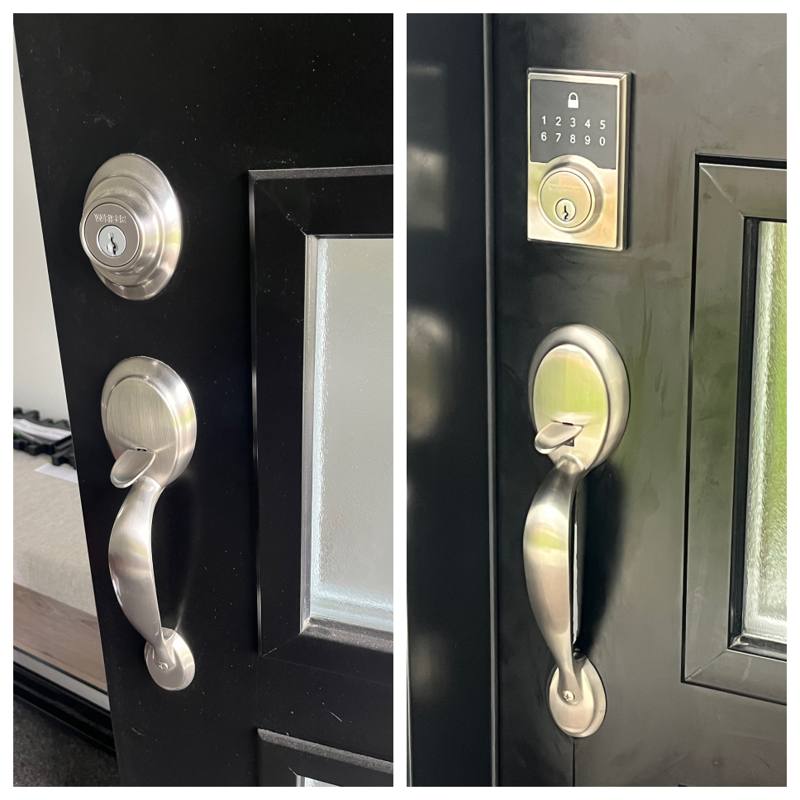 Before and after of an Ottawa black front door: a standard key cylinder deadbolt on the left and a new keypad keyless smart lock with matching handleset on the right