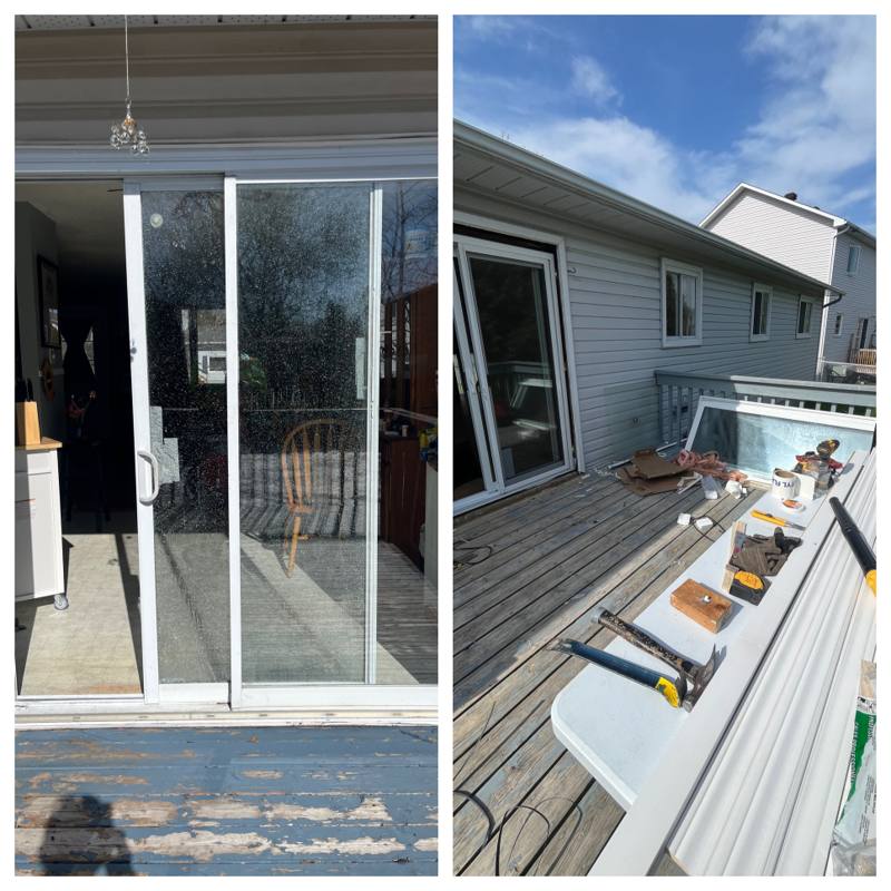 Before and after of an Ottawa deck walkout: an old foggy sliding patio door on the left and a new sliding glass patio door squared and sealed into the opening on the right