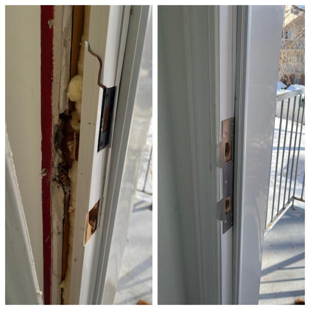 Before and after of an Ottawa exterior door after a break-in: a shattered jamb with a blown-out strike and exposed insulation on the left, and reinforced steel strike plates installed on the right
