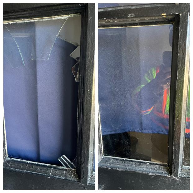 Before and after of an Ottawa exterior door glass panel: a shattered pane with jagged glass on the left and a new clear tempered safety pane set square in the frame on the right