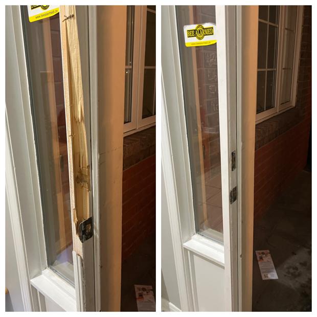 Before and after of an Ottawa exterior entry door jamb beside a glass sidelite: splintered wood torn from the lock keepers on the left and a rebuilt jamb with reset reinforced keepers on the right