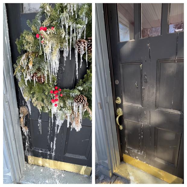 Before and after of an Ottawa front door iced over: icicles frozen across a wreath and threshold on the left, and the same door cleared, repaired and re-sealed on the right