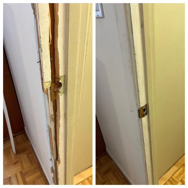 Before and after of an Ottawa bedroom door jamb: a kicked-in, splintered frame with a loose strike on the left and a rebuilt, refinished jamb with a reset strike plate on the right