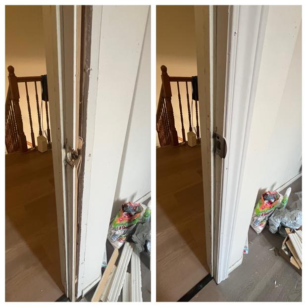 Before and after of an Ottawa interior door jamb: a split, cracked frame on the left and a rebuilt, smooth white jamb with a reset strike on the right