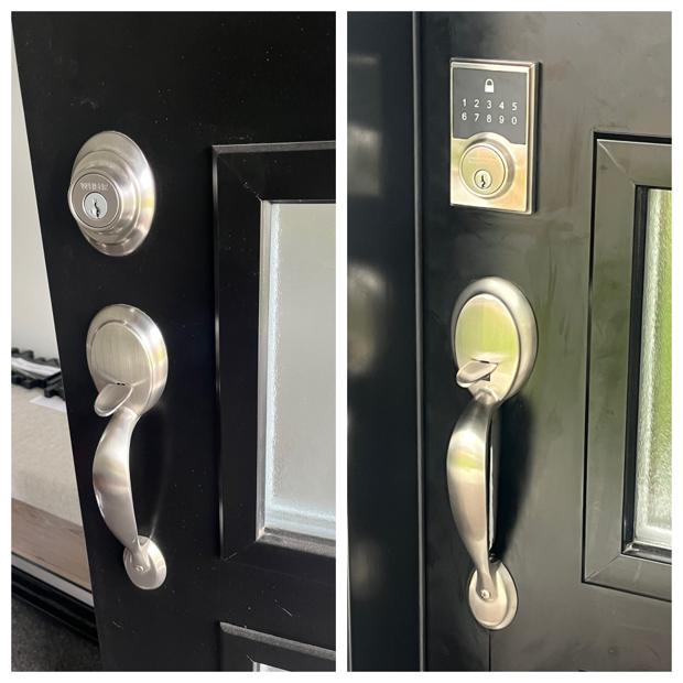 Before and after of an Ottawa black front door: a standard key cylinder deadbolt on the left and a new keypad keyless smart lock with matching handleset on the right