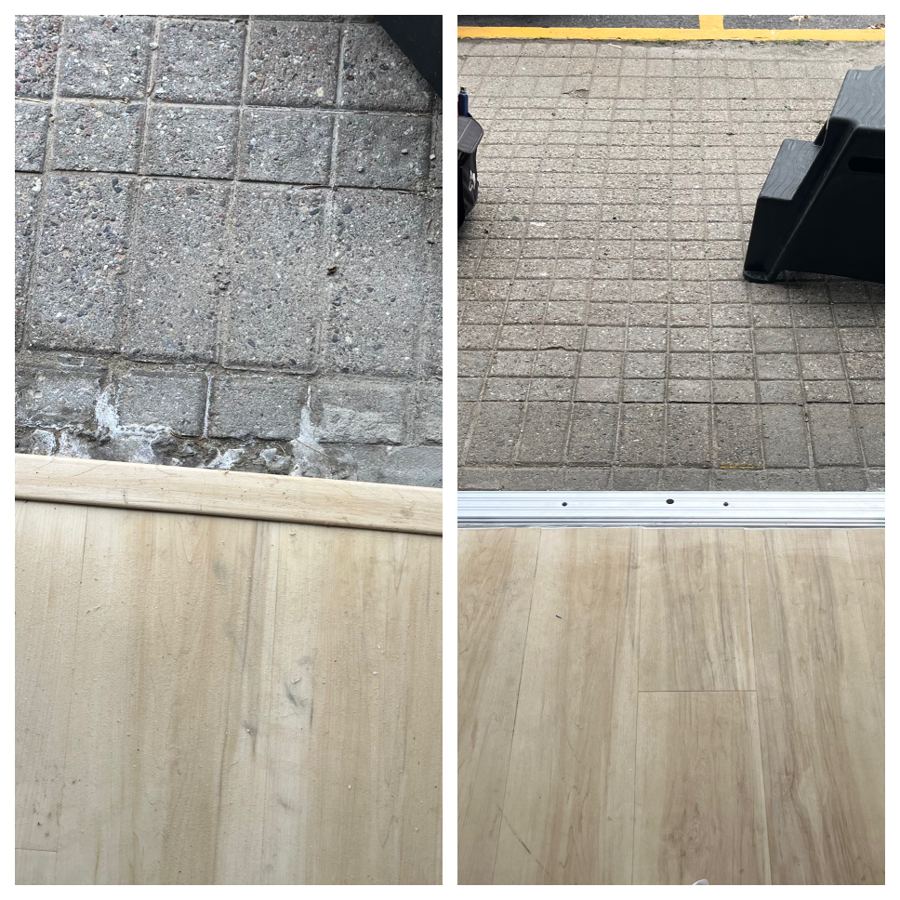 Before and after of an Ottawa commercial entrance threshold: a worn, gapped sill on the left and a new level aluminum commercial threshold sealing the opening on the right
