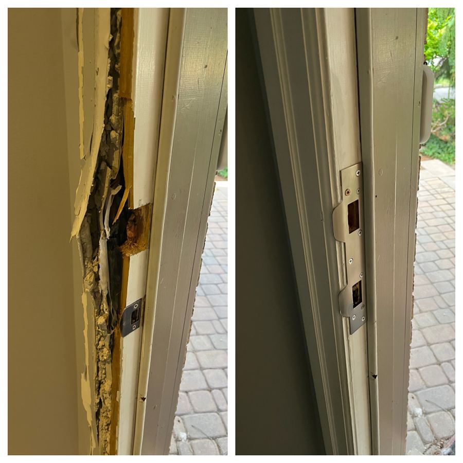 Before and after of an Ottawa exterior door jamb: a crushed, split frame around the latch on the left and a rebuilt jamb with a full-length steel security strike on the right