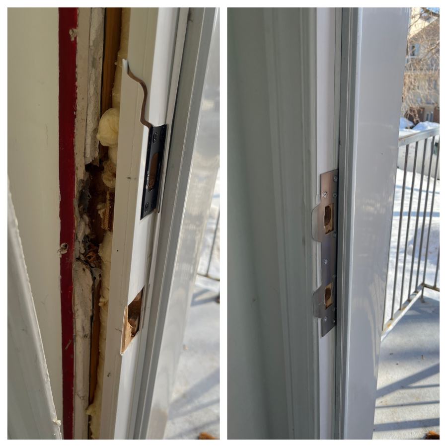 Before and after of an Ottawa exterior door after a break-in: a shattered jamb with a blown-out strike and exposed insulation on the left, and reinforced steel strike plates installed on the right