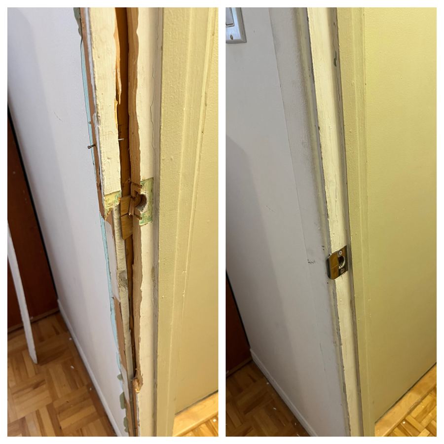 Before and after of an Ottawa bedroom door jamb: a kicked-in, splintered frame with a loose strike on the left and a rebuilt, refinished jamb with a reset strike plate on the right
