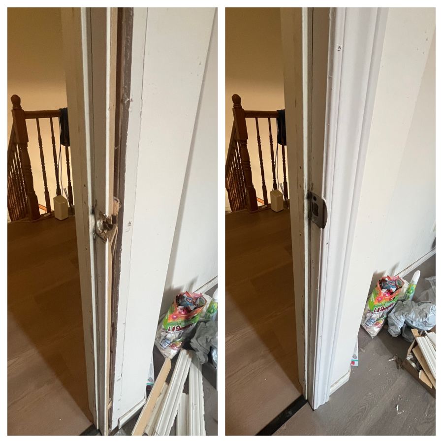 Before and after of an Ottawa interior door jamb: a split, cracked frame on the left and a rebuilt, smooth white jamb with a reset strike on the right