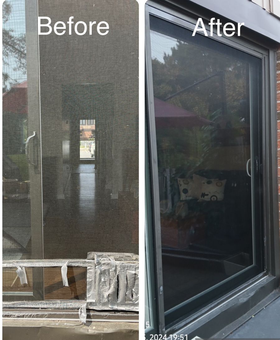 Before and after of an old fogged sliding patio door replaced with a new black patio door in Ottawa