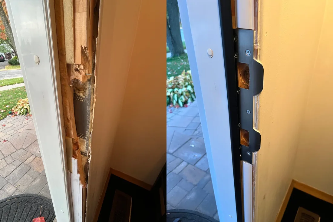 Before and after break-in door repair in Blackburn Hamlet: split jamb and full-length steel strike plate