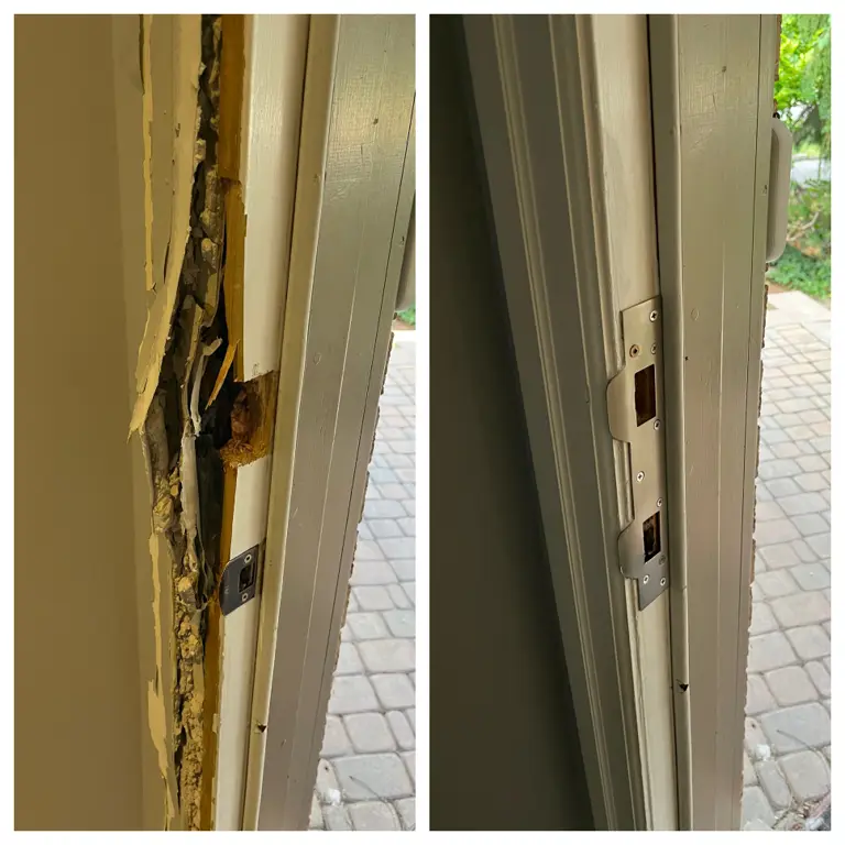 Before and after of an Ottawa door jamb repair with security strike installation