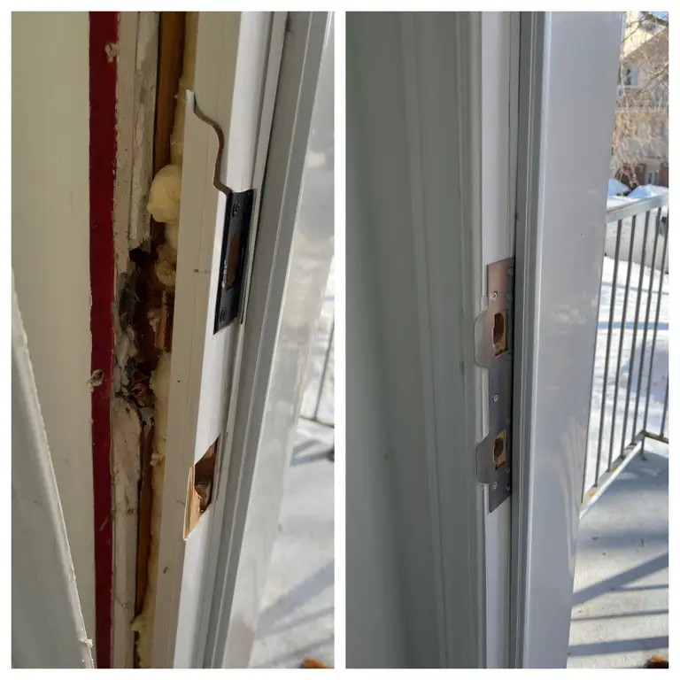 Before and after of an exterior door break-in repair in Ottawa