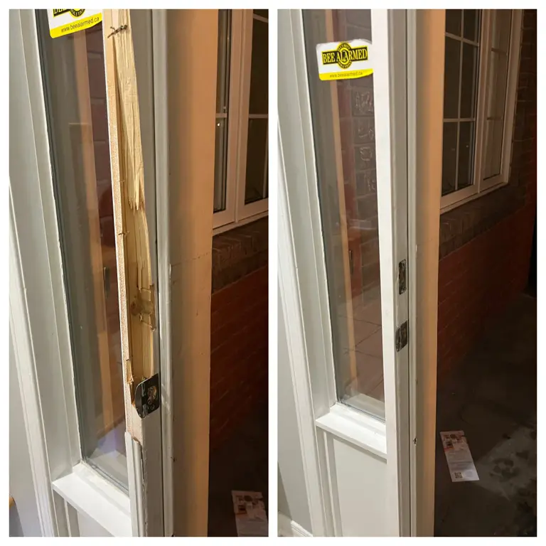 Before and after of an Ottawa exterior door broken jamb repair
