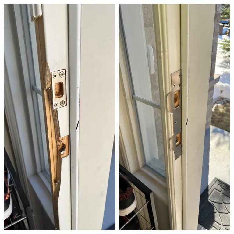 Before and after of forced-entry door repair and reinforcement in Ottawa