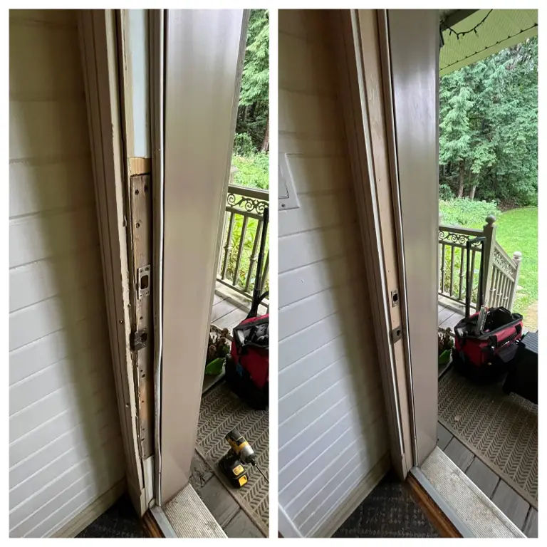 Before and after of an Ottawa exterior door jamb repair and weather stripping