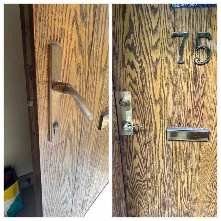 Before and after of an exterior door lock retrofit in Ottawa