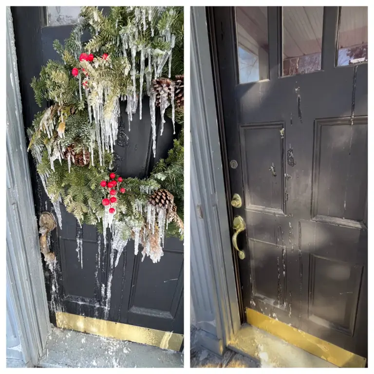 Before and after of a frozen exterior door repair in Ottawa
