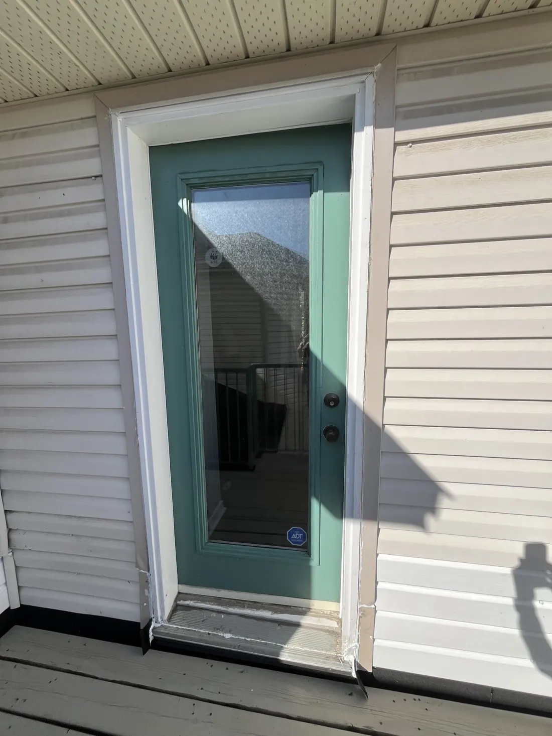 Original green exterior door with a full-glass panel before water-damage replacement in Ottawa