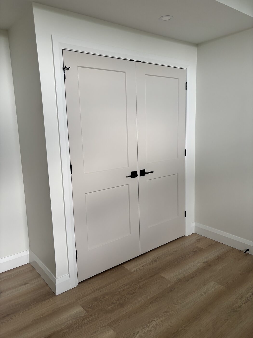 White two-panel interior double doors with black lever handles after closet door repair