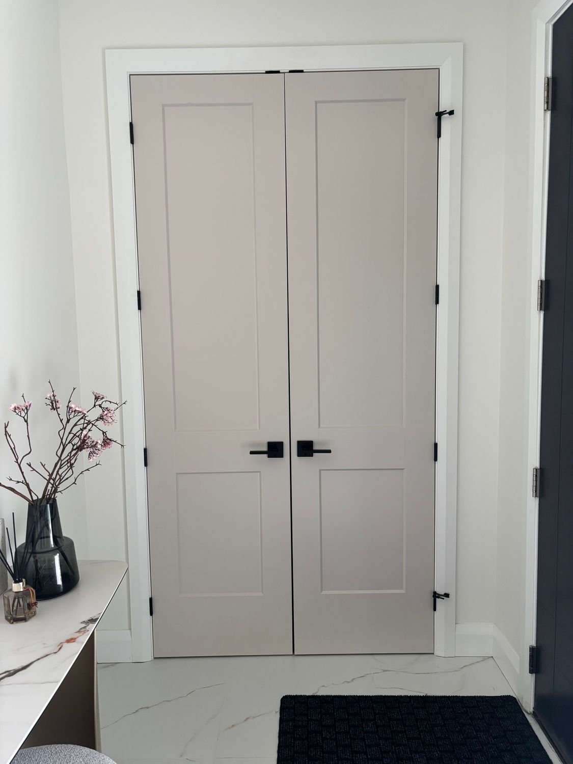 Pair of tall greige two-panel interior closet doors with matte black lever handles