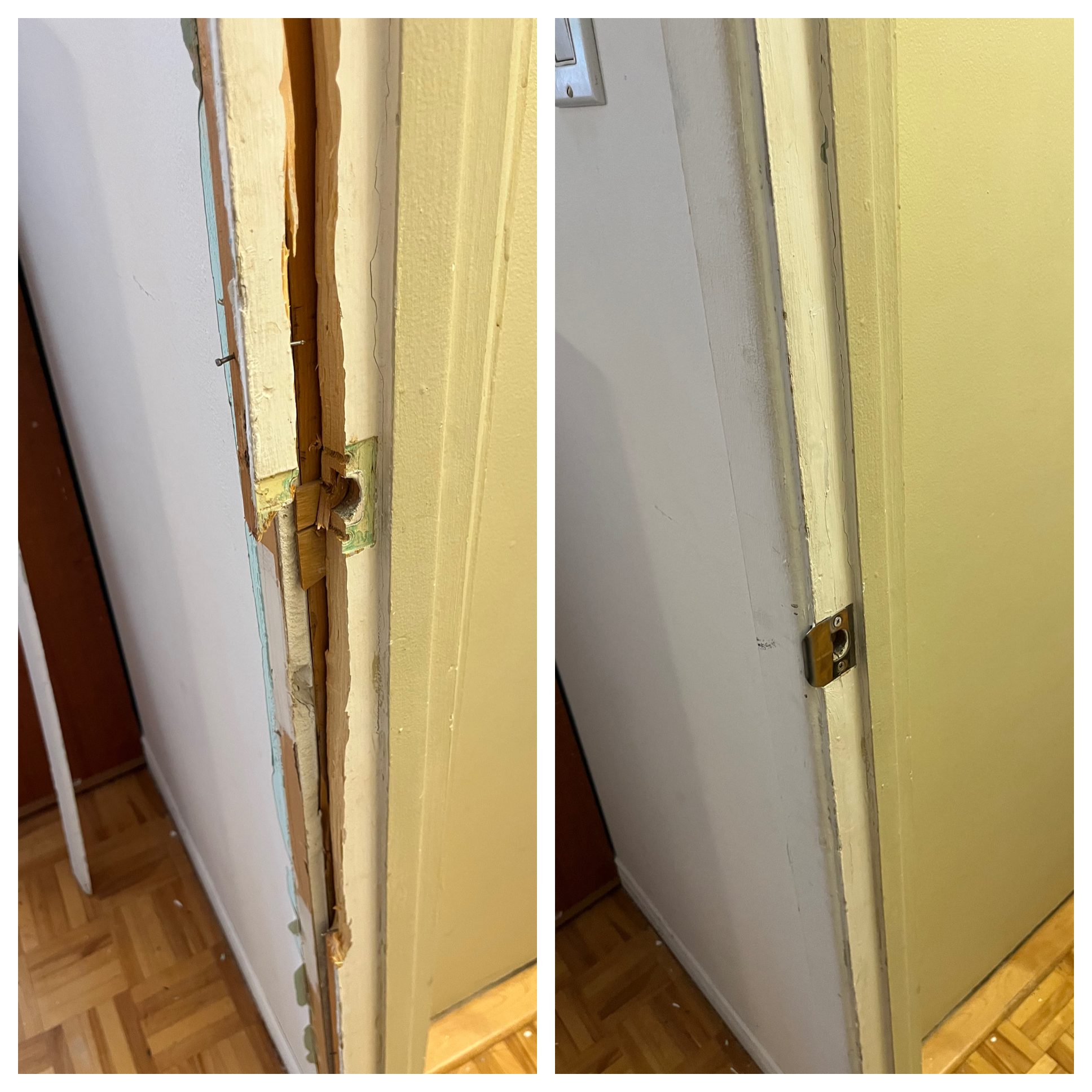 Before and after of a damaged interior bedroom door jamb repaired and fitted with a new strike plate